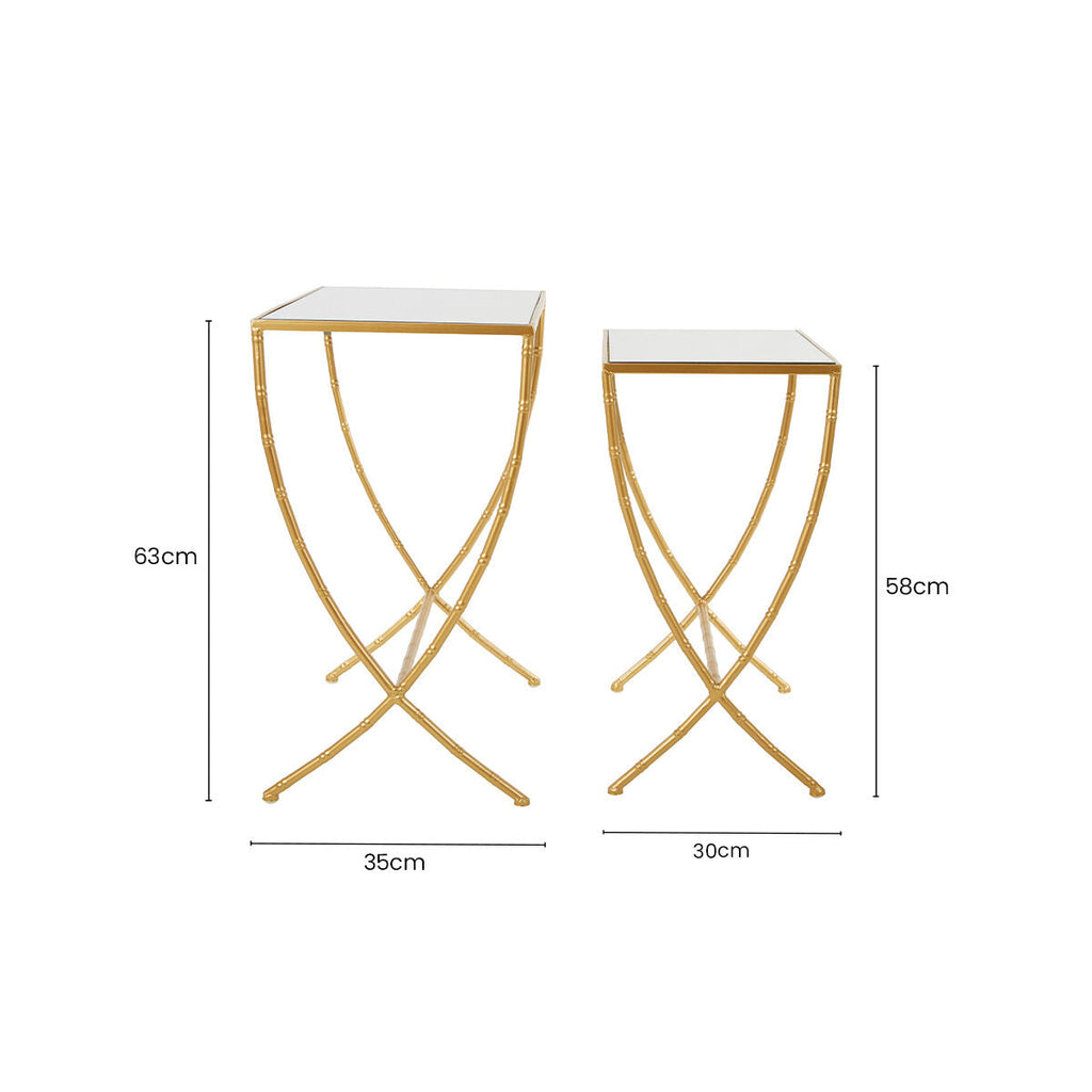 Orsina Avantis Gold Bamboo Side Tables | Set of 2 Mirrored Glass Tops