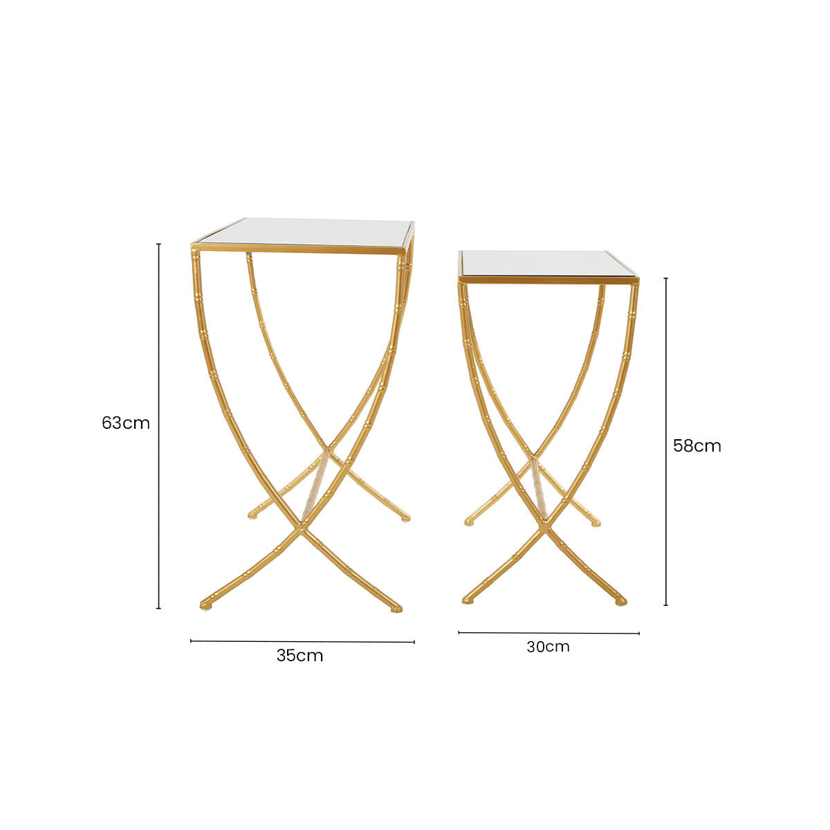 Orsina Avantis Gold Bamboo Side Tables | Set of 2 Mirrored Glass Tops