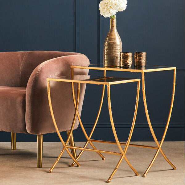 Orsina Avantis Gold Bamboo Side Tables | Set of 2 Mirrored Glass Tops
