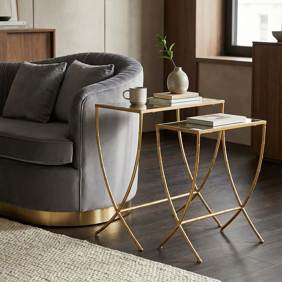 Orsina Avantis Gold Bamboo Side Tables | Set of 2 Mirrored Glass Tops