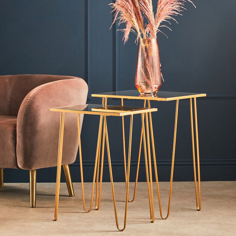Orsina Avantis Mirrored Glass Side Tables - Set of 2 Gold Hairpin Legs