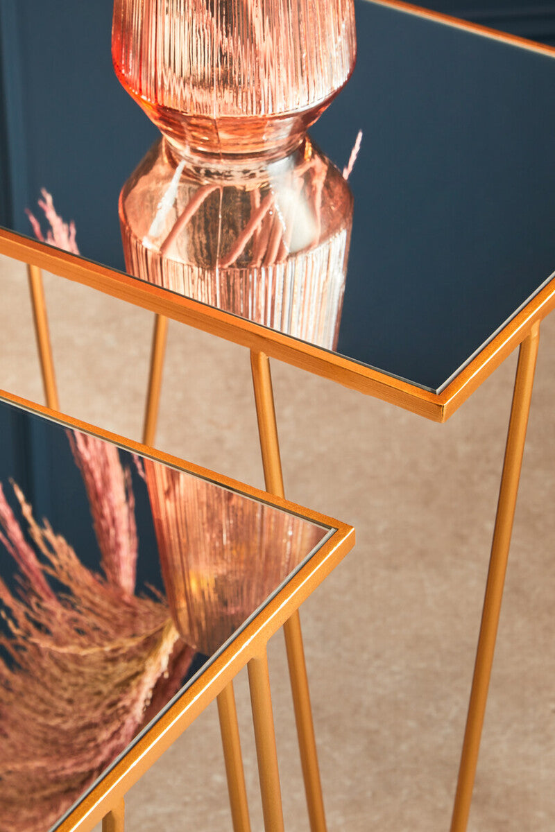 Orsina Avantis Mirrored Glass Side Tables - Set of 2 Gold Hairpin Legs