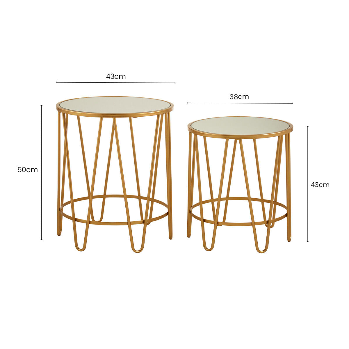 Orsina Avantis Gold Hairpin Side Tables – Set of 2 Mirrored Glass Tops
