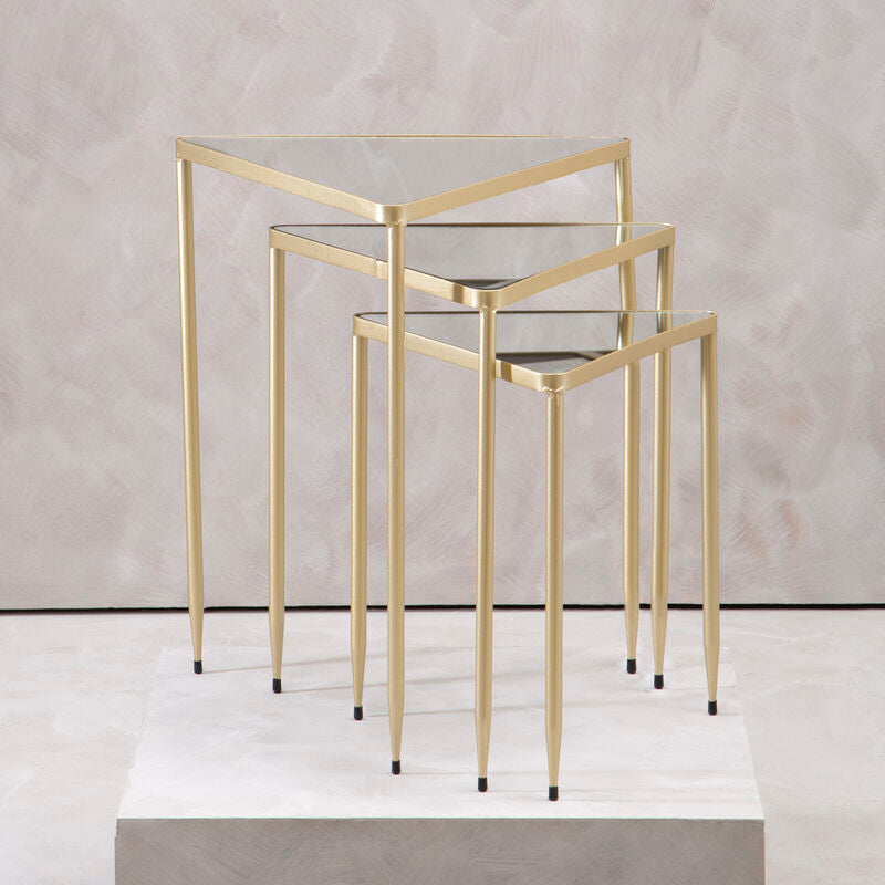 Orsina Avantis Mirrored Glass Nesting Tables - Gold Triangle Set of 3