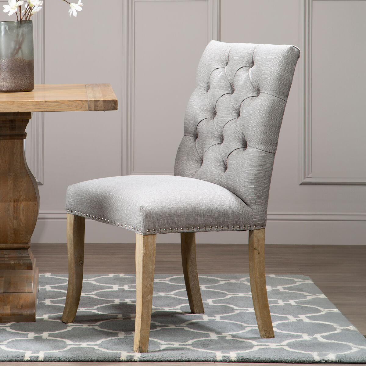 Orsina Kensington Grey Linen Dining Chair – Tufted Rubberwood Seat