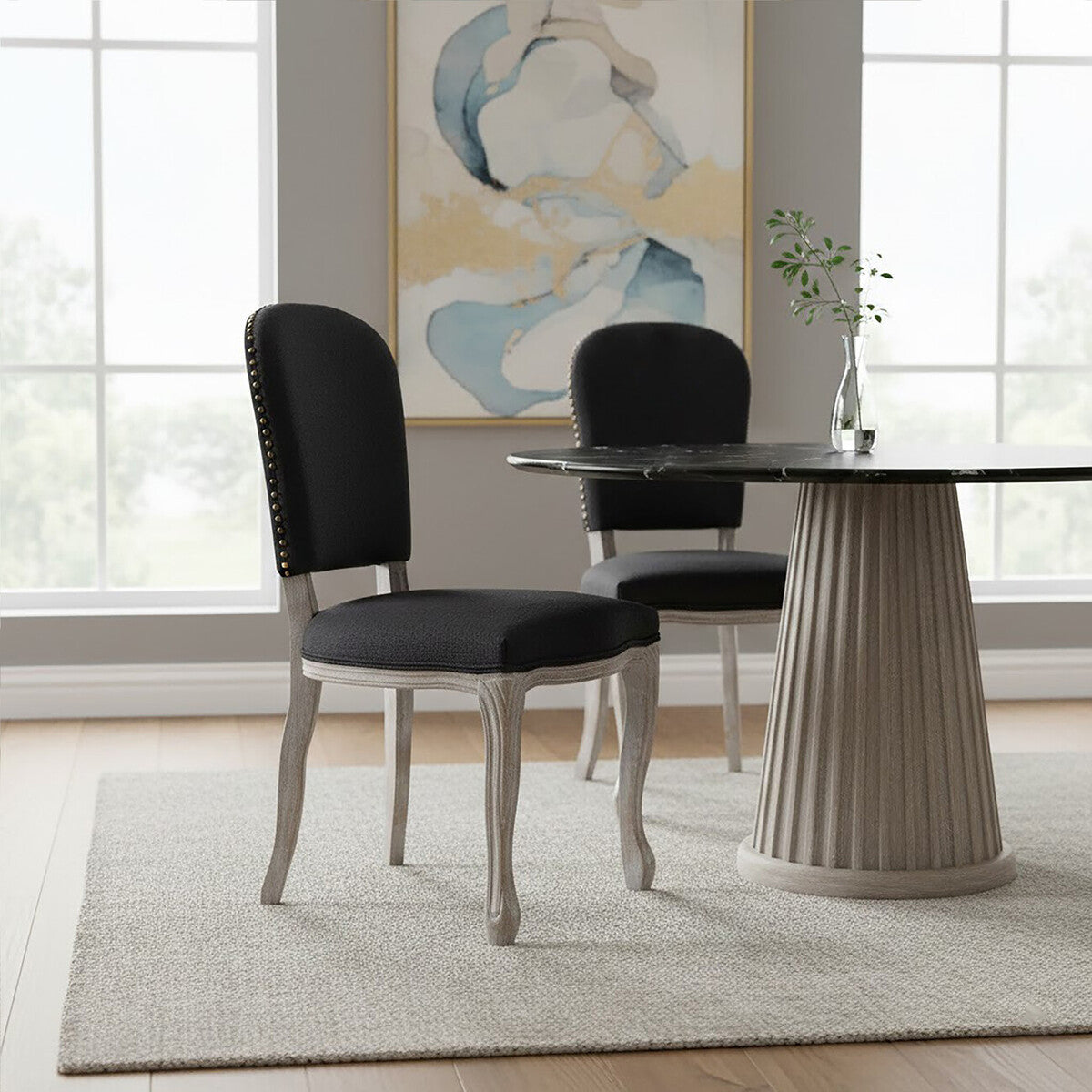 Orsina Kensington Black Linen Dining Chair with Antique Wood Legs