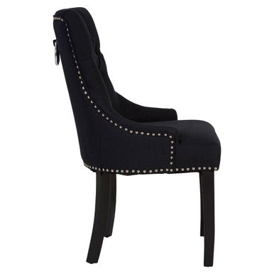 Orsina Kensington Black Linen Studded Dining Chair with Knocker Back