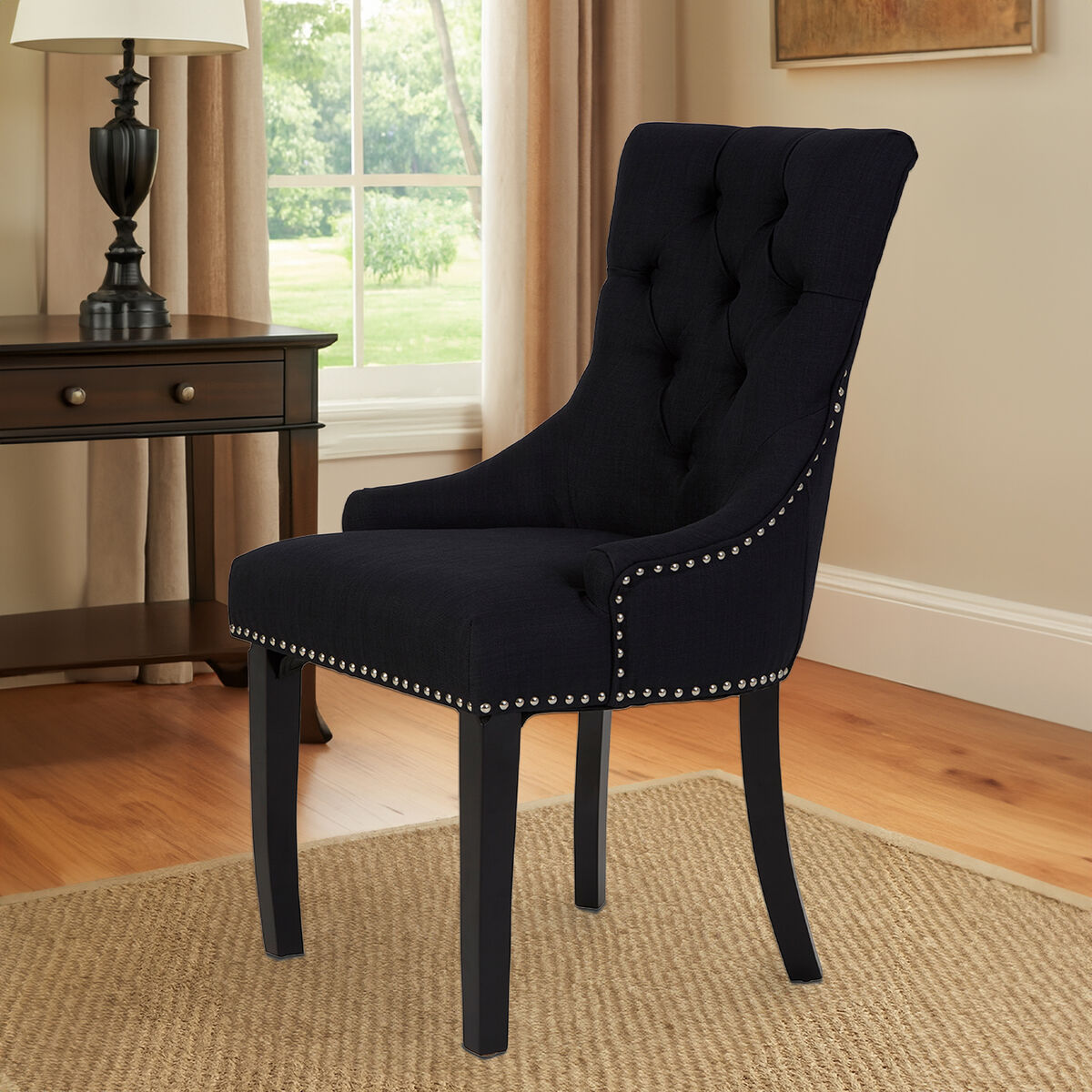 Orsina Kensington Black Linen Studded Dining Chair with Knocker Back