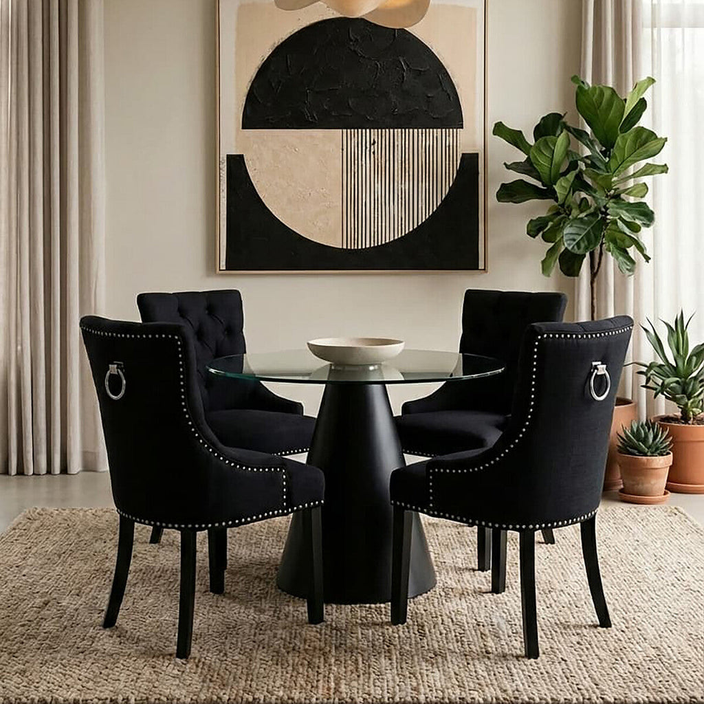 Orsina Kensington Black Linen Studded Dining Chair with Knocker Back