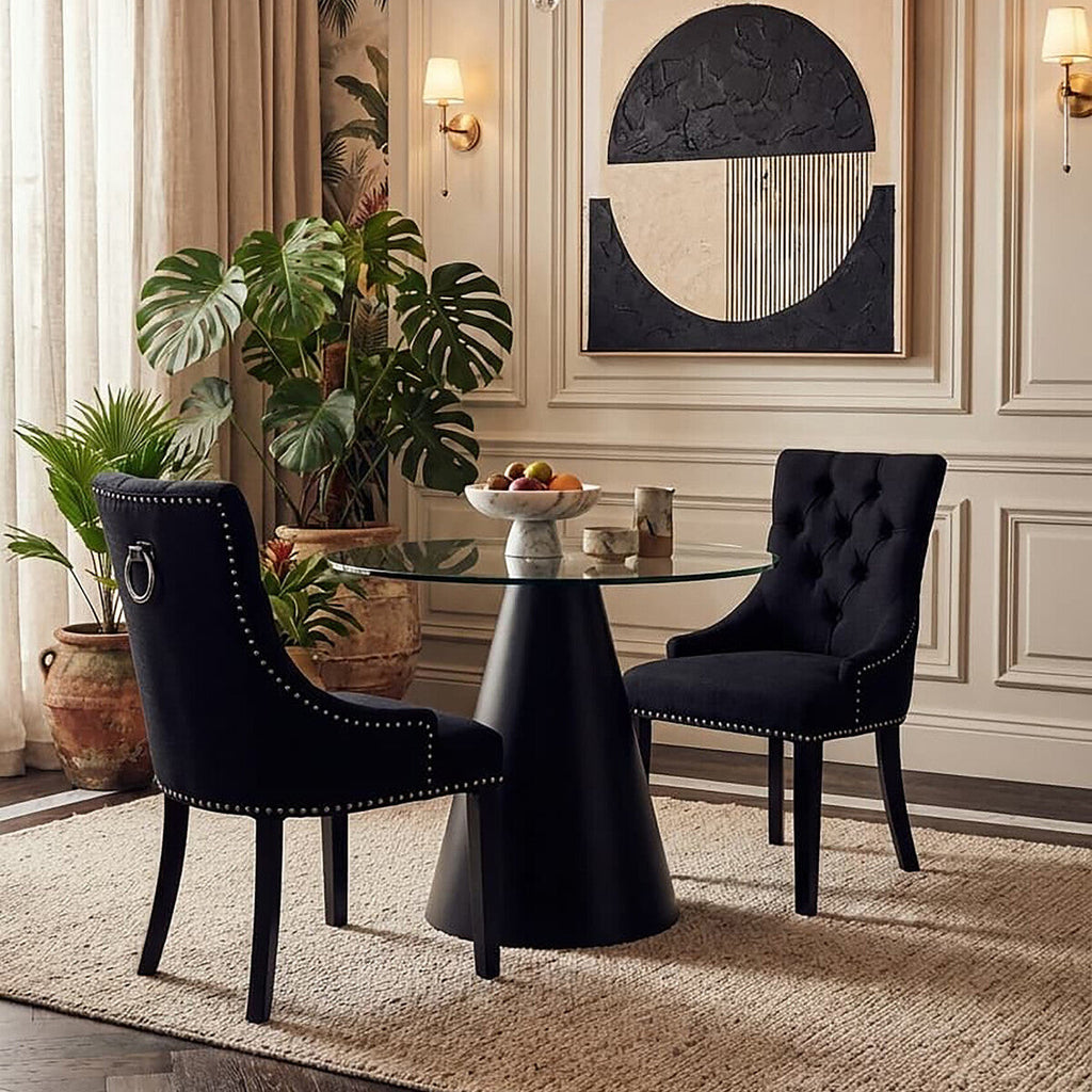 Orsina Kensington Black Linen Studded Dining Chair with Knocker Back