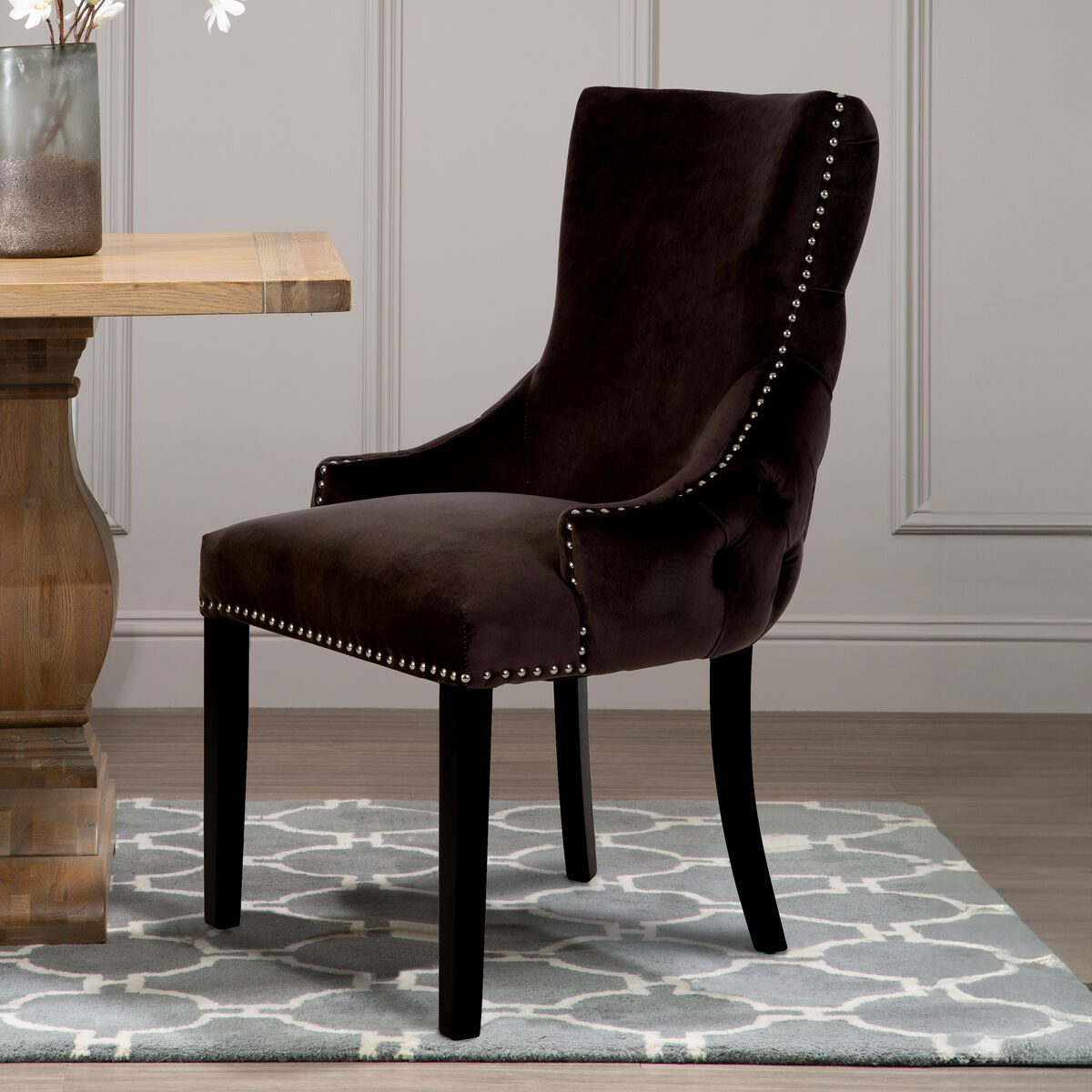 Orsina Kensington Grey Velvet Button Tufted Dining Chair | Black Legs