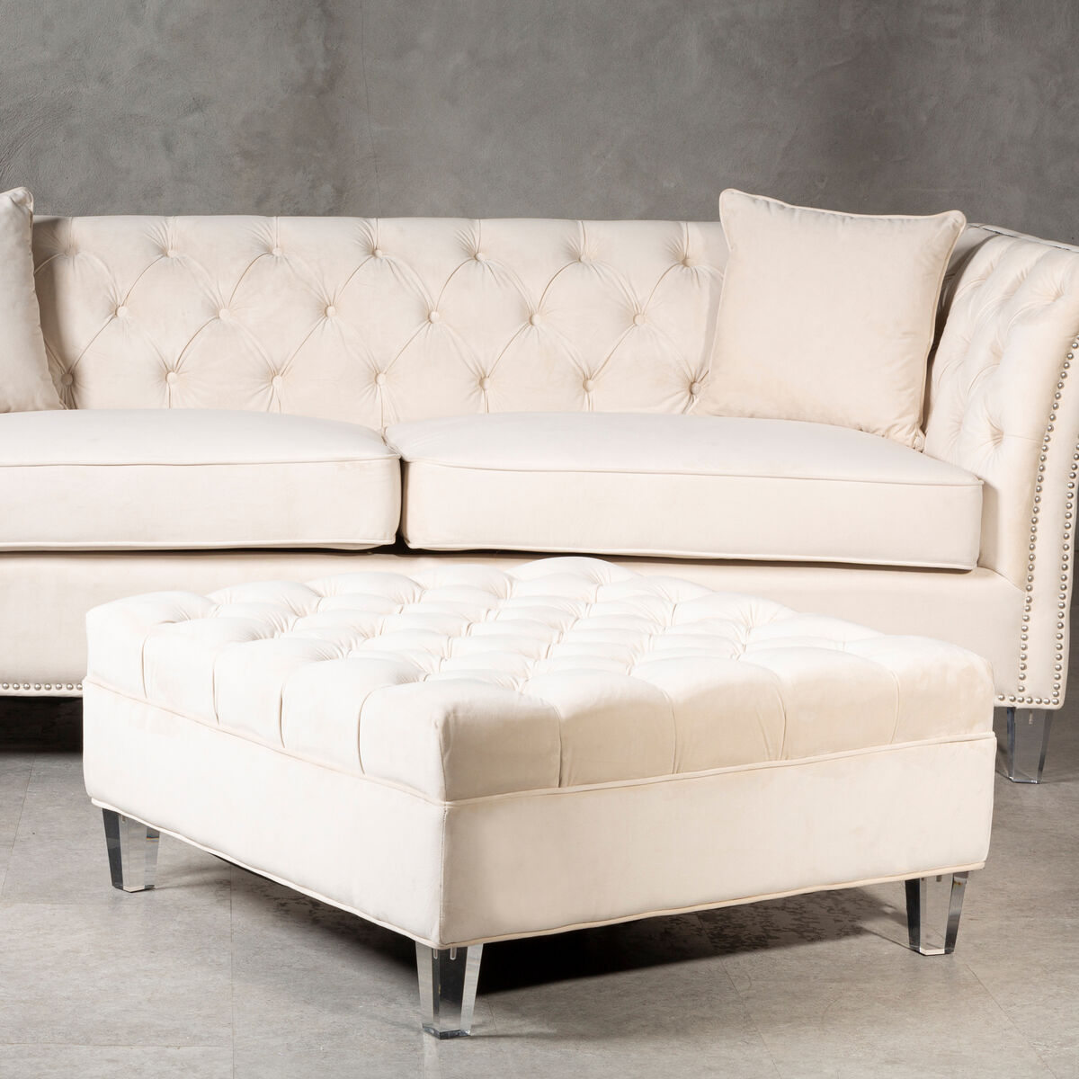 Orsina Samara Sand Velvet Footstool | Modern Ottoman with Acrylic Legs