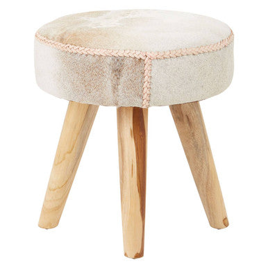 Orsina Kendari Cream Leather and Teak Wood Stool – Modern Ottoman