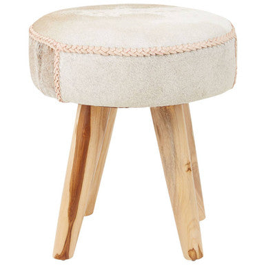 Orsina Kendari Cream Leather and Teak Wood Stool – Modern Ottoman