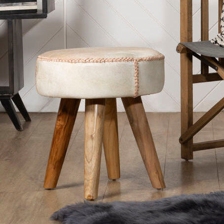 Orsina Kendari Cream Leather and Teak Wood Stool – Modern Ottoman