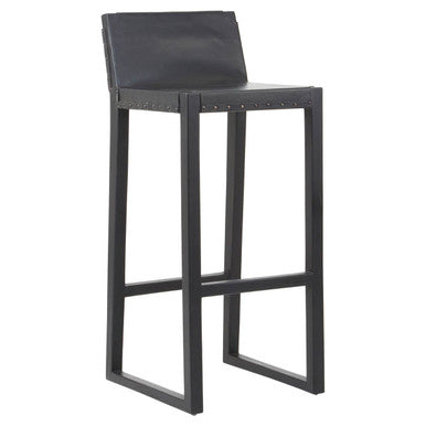 Orsina Kendari Black Leather and Teak Wood Bar Chair – Modern Barstool