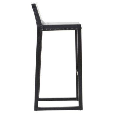 Orsina Kendari Black Leather and Teak Wood Bar Chair – Modern Barstool