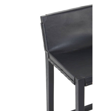 Orsina Kendari Black Leather and Teak Wood Bar Chair – Modern Barstool