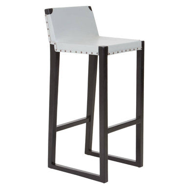 Orsina Kendari Grey Leather Bar Stool – Black Teak Wood Frame