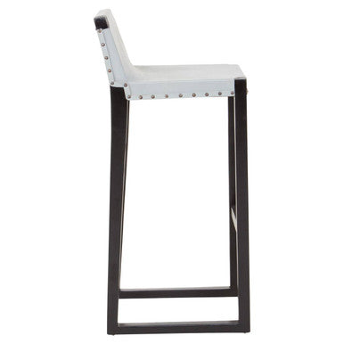 Orsina Kendari Grey Leather Bar Stool – Black Teak Wood Frame