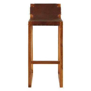 Orsina Kendari Brown Leather Bar Chair | Teak Wood Frame Stool