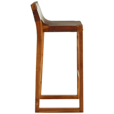 Orsina Kendari Brown Leather Bar Chair | Teak Wood Frame Stool