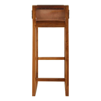 Orsina Kendari Brown Leather Bar Chair | Teak Wood Frame Stool
