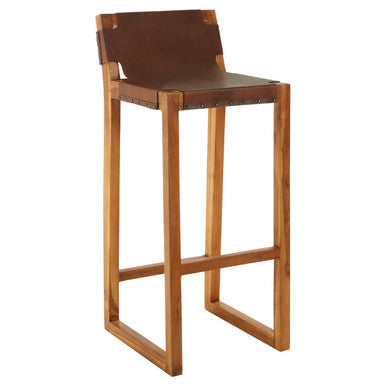 Orsina Kendari Brown Leather Bar Chair | Teak Wood Frame Stool
