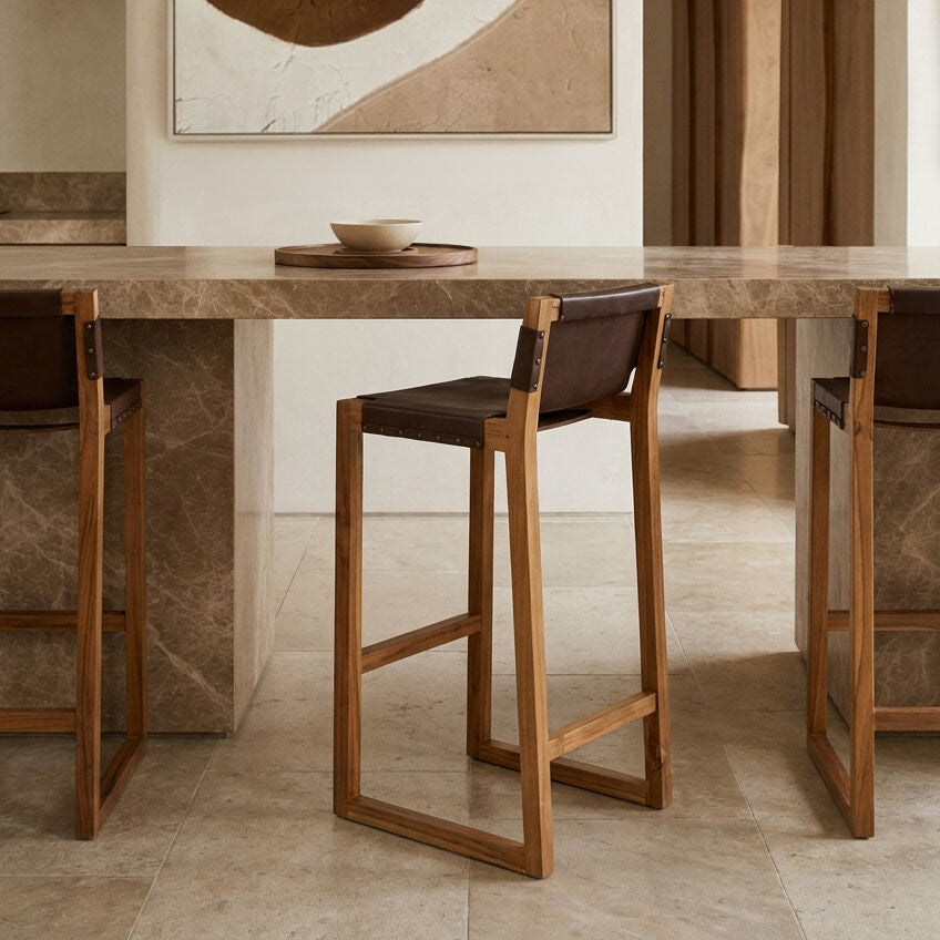 Orsina Kendari Brown Leather Bar Chair | Teak Wood Frame Stool