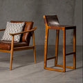 Orsina Kendari Brown Leather Bar Chair | Teak Wood Frame Stool