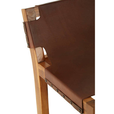 Orsina Kendari Brown Leather Bar Chair | Teak Wood Frame Stool