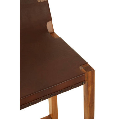 Orsina Kendari Brown Leather Bar Chair | Teak Wood Frame Stool