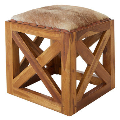 Orsina Kendari Hair-on-Leather and Teak Wood Square Accent Stool