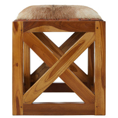 Orsina Kendari Hair-on-Leather and Teak Wood Square Accent Stool