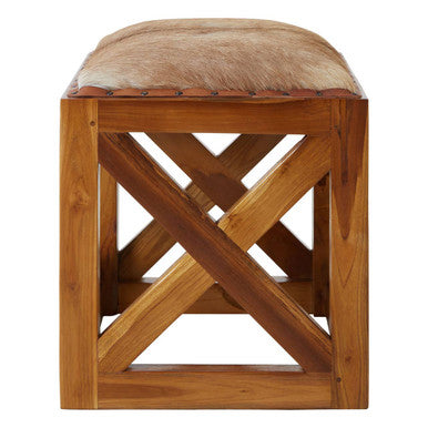 Orsina Kendari Hair-on-Leather and Teak Wood Square Accent Stool