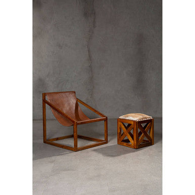 Orsina Kendari Hair-on-Leather and Teak Wood Square Accent Stool