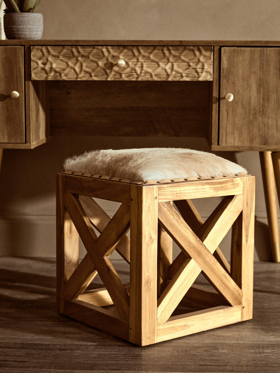 Orsina Kendari Hair-on-Leather and Teak Wood Square Accent Stool