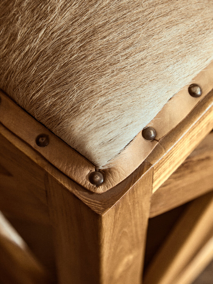 Orsina Kendari Hair-on-Leather and Teak Wood Square Accent Stool