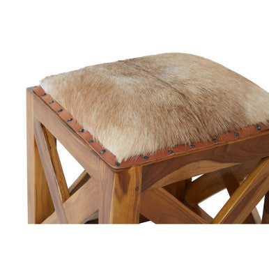Orsina Kendari Hair-on-Leather and Teak Wood Square Accent Stool
