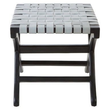 Orsina Kendari Woven Grey Leather and Black Teak Wood Accent Stool