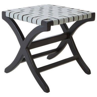 Orsina Kendari Woven Grey Leather and Black Teak Wood Accent Stool