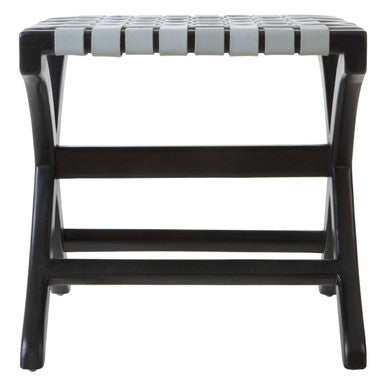 Orsina Kendari Woven Grey Leather and Black Teak Wood Accent Stool