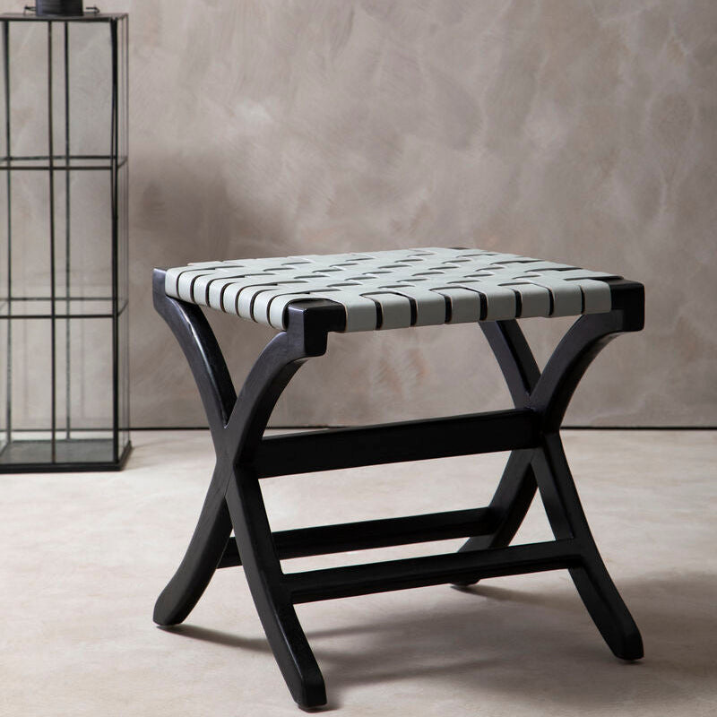Orsina Kendari Woven Grey Leather and Black Teak Wood Accent Stool