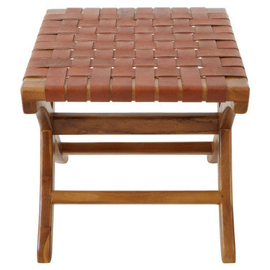 Orsina Kendari Woven Leather Stool – Brown Teak Wood Accent Ottoman