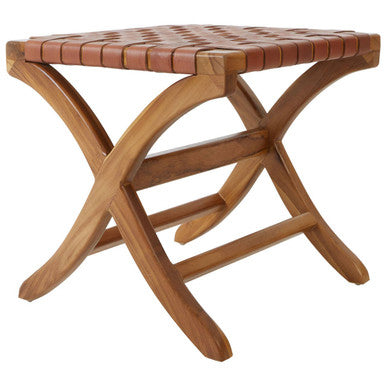 Orsina Kendari Woven Leather Stool – Brown Teak Wood Accent Ottoman
