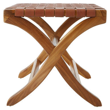 Orsina Kendari Woven Leather Stool – Brown Teak Wood Accent Ottoman