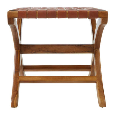 Orsina Kendari Woven Leather Stool – Brown Teak Wood Accent Ottoman