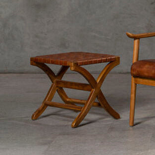 Orsina Kendari Woven Leather Stool – Brown Teak Wood Accent Ottoman