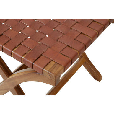 Orsina Kendari Woven Leather Stool – Brown Teak Wood Accent Ottoman
