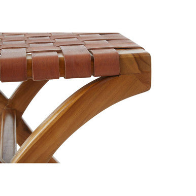 Orsina Kendari Woven Leather Stool – Brown Teak Wood Accent Ottoman
